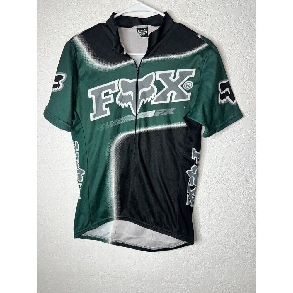 Fox Racing Cycling Jersey Medium Green Black Pockets Short Sleeve O